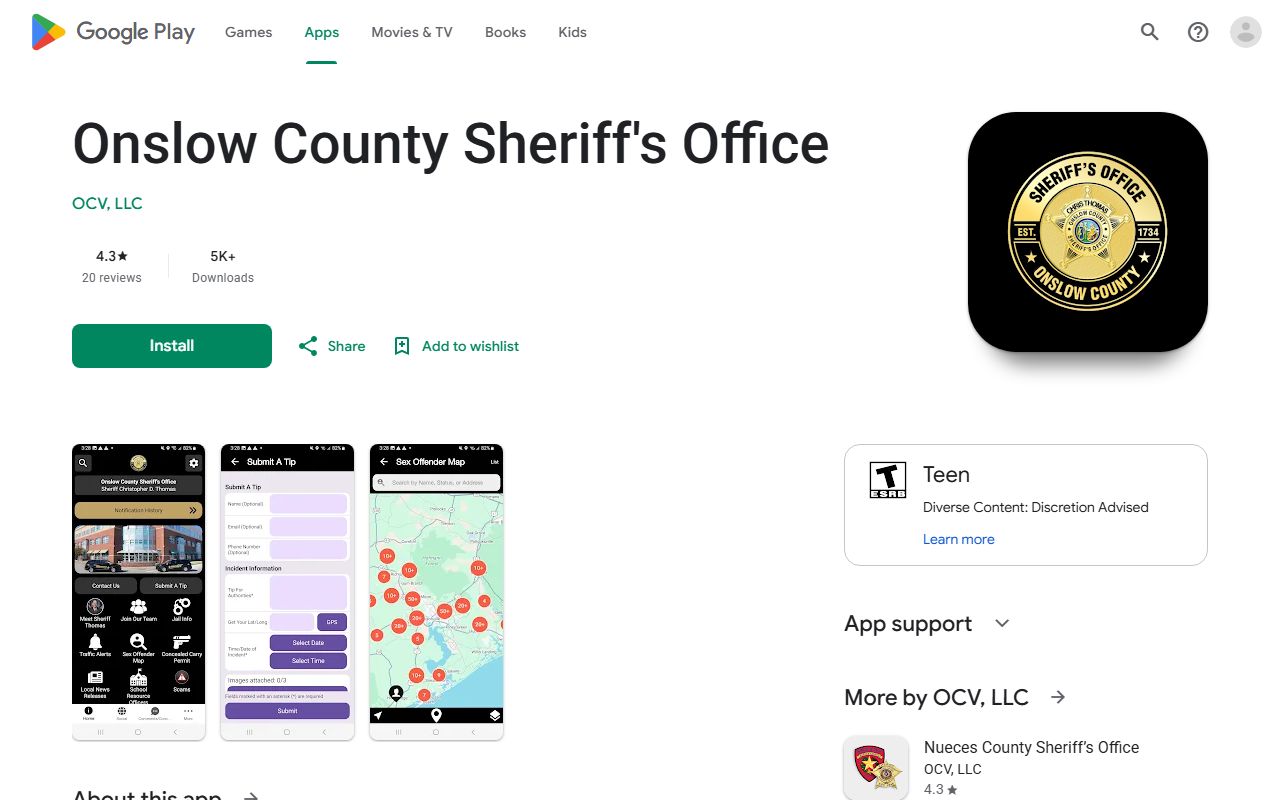 Google Play listing for the Onslow County Sheriff's Office app