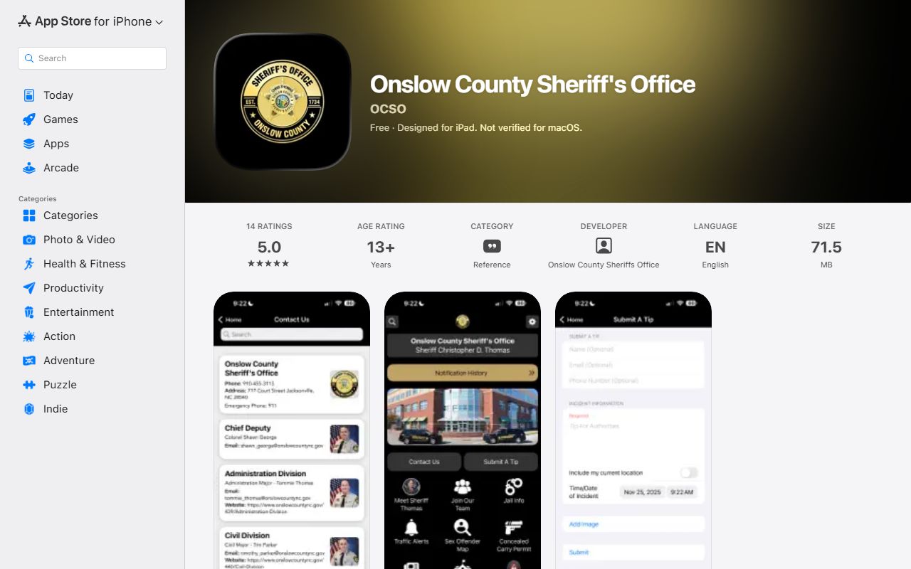 Onslow County inmate records app listing for Jail Info search